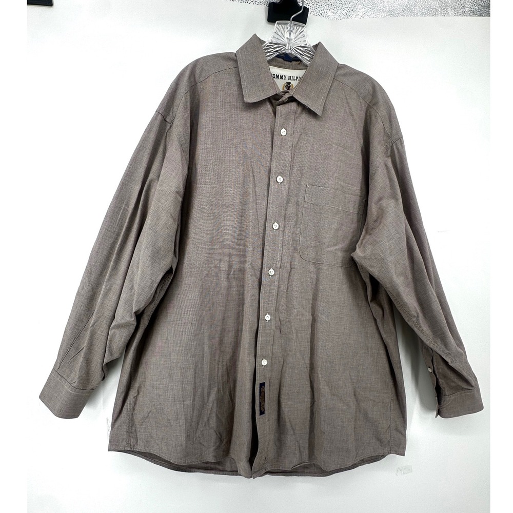 Tommy Hilfiger Mens Brown Micro Houndstooth Cotton Button Down Shirt 17-34 90s